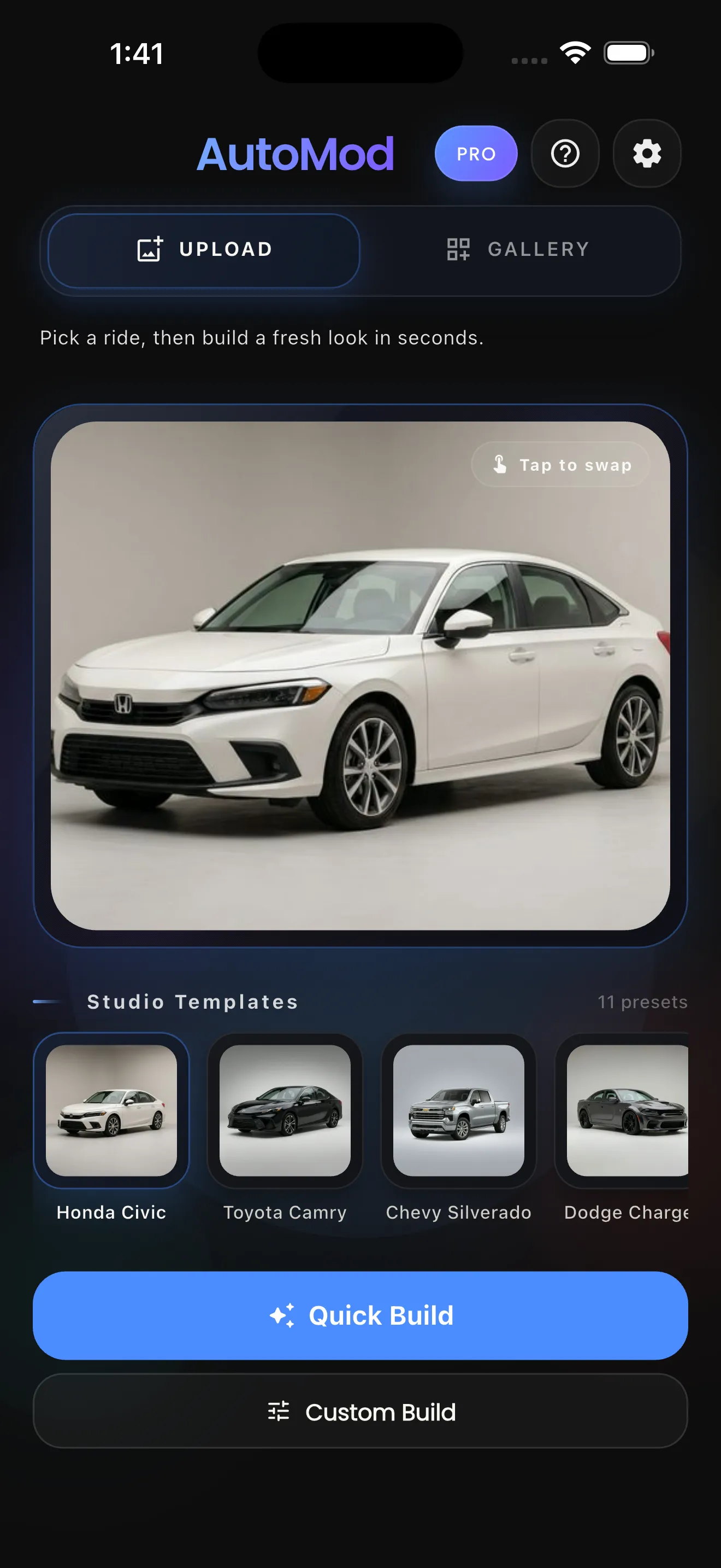 The AutoMod app home screen